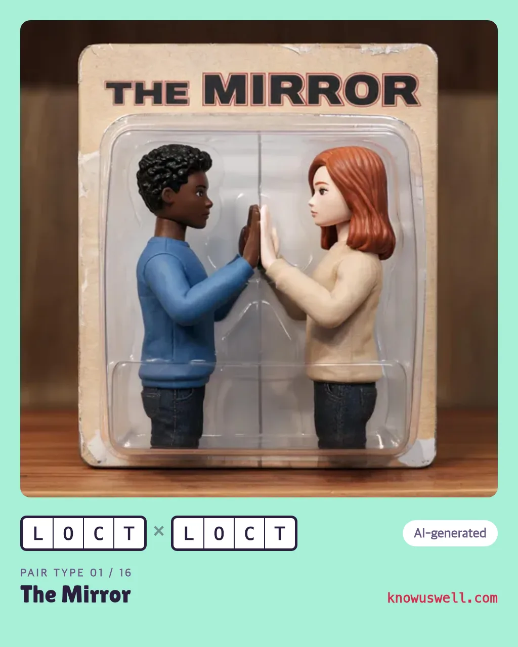 Example finished The Mirror card — both friends in the picture, with both four-letter codes and the pair type name printed underneath