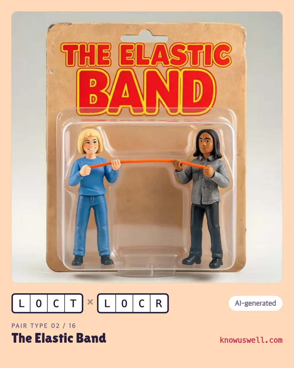 Example finished The Elastic Band card — both friends in the picture, with both four-letter codes and the pair type name printed underneath