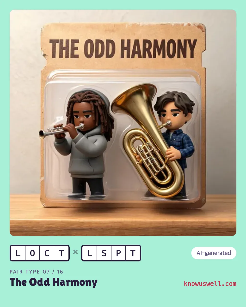 Example finished The Odd Harmony card — both friends in the picture, with both four-letter codes and the pair type name printed underneath