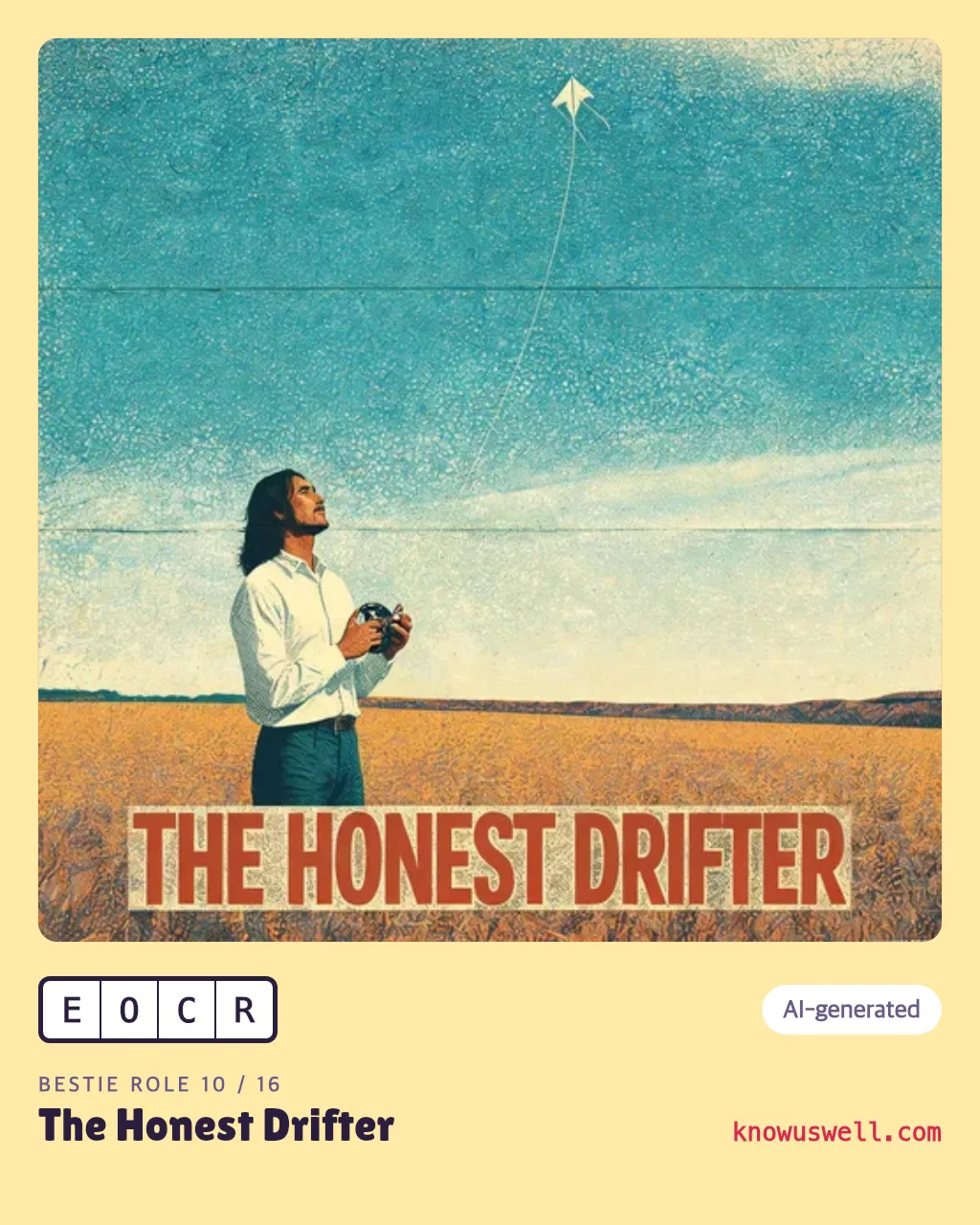 Example finished The Honest Drifter card — one person, with the four-letter code and the role name printed underneath