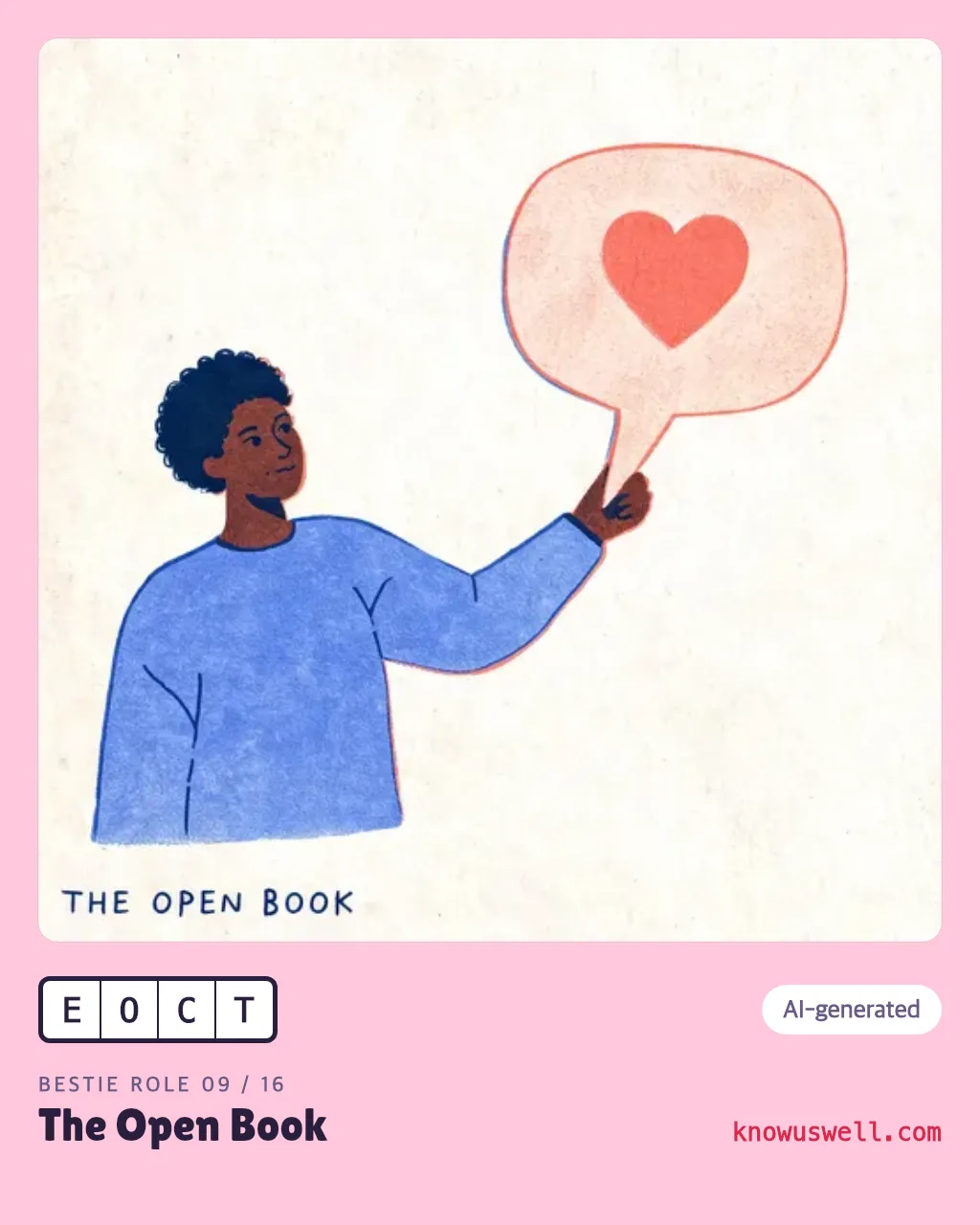 Example finished The Open Book card — one person, with the four-letter code and the role name printed underneath
