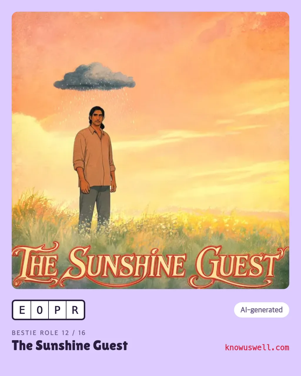 Example finished The Sunshine Guest card — one person, with the four-letter code and the role name printed underneath