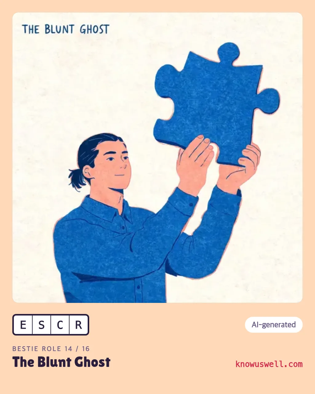 Example finished The Blunt Ghost card — one person, with the four-letter code and the role name printed underneath