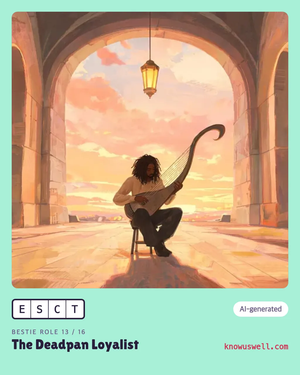 Example finished The Deadpan Loyalist card — one person, with the four-letter code and the role name printed underneath