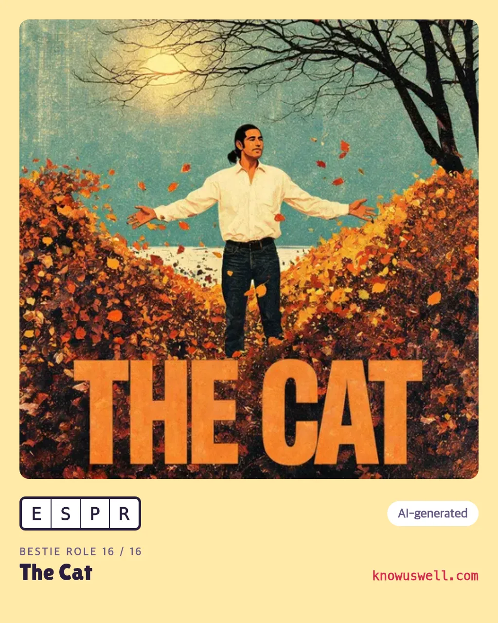 Example finished The Cat card — one person, with the four-letter code and the role name printed underneath