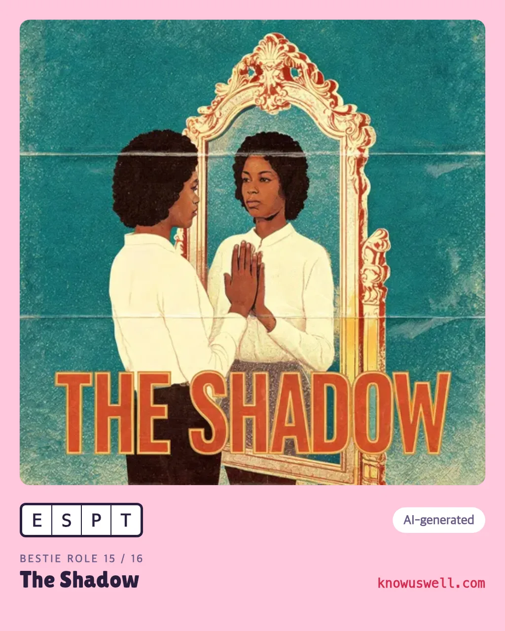 Example finished The Shadow card — one person, with the four-letter code and the role name printed underneath