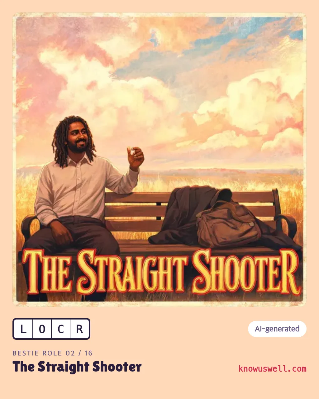 Example finished The Straight Shooter card — one person, with the four-letter code and the role name printed underneath