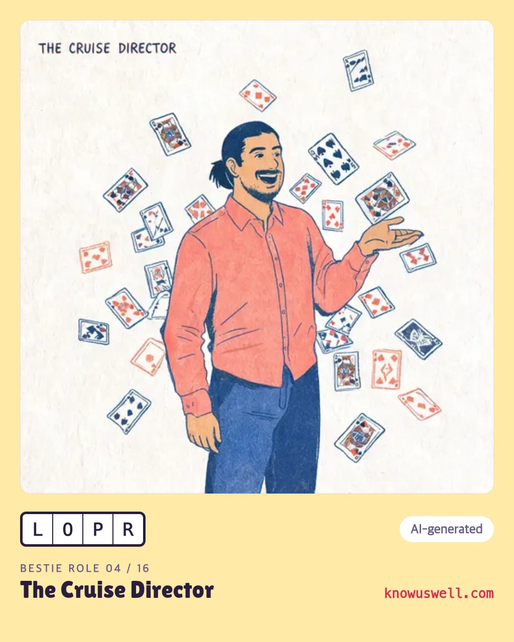 Example finished The Cruise Director card — one person, with the four-letter code and the role name printed underneath