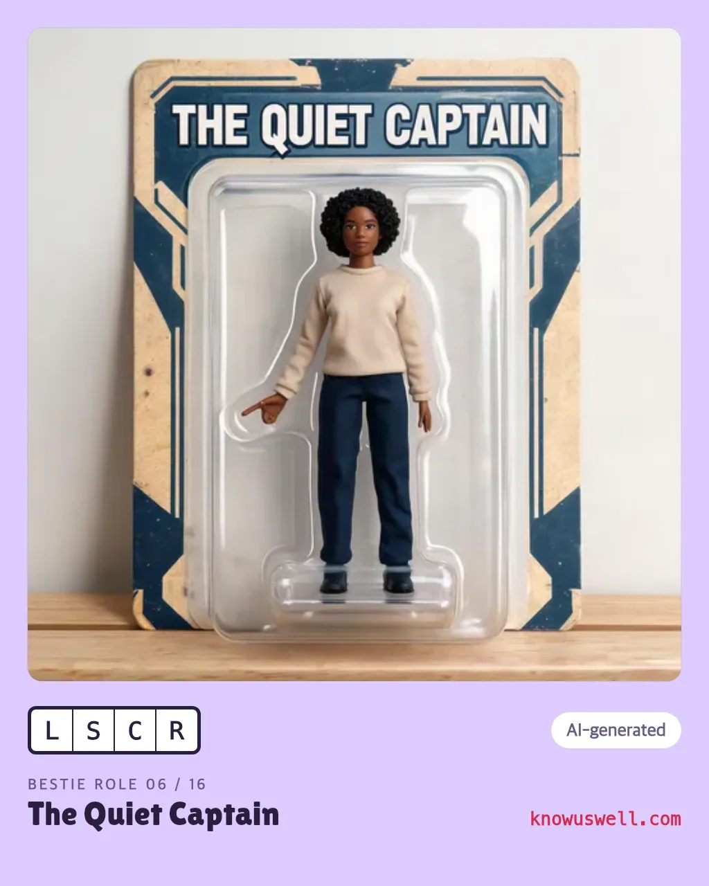 Example finished The Quiet Captain card — one person, with the four-letter code and the role name printed underneath