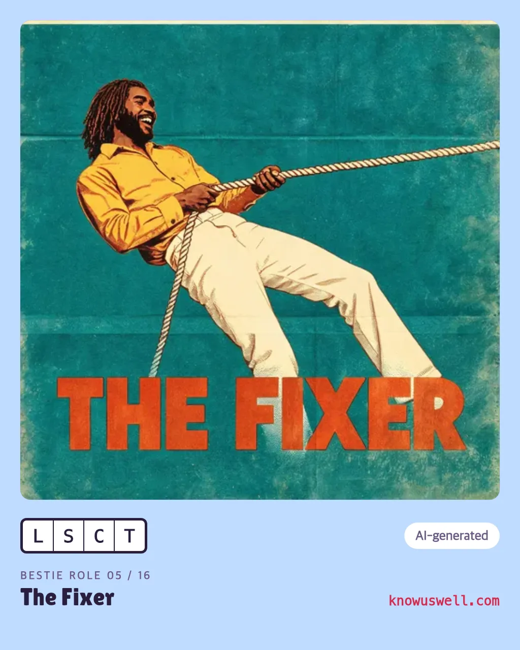 Example finished The Fixer card — one person, with the four-letter code and the role name printed underneath