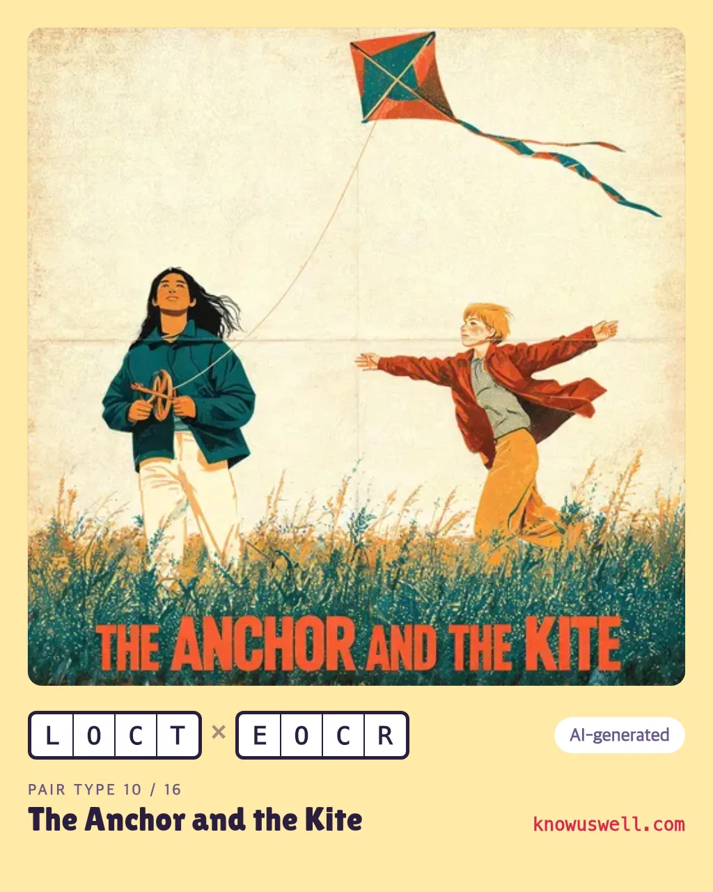 Example finished card — two fictional friends on a painted poster, with both four-letter codes and the pair type name printed underneath