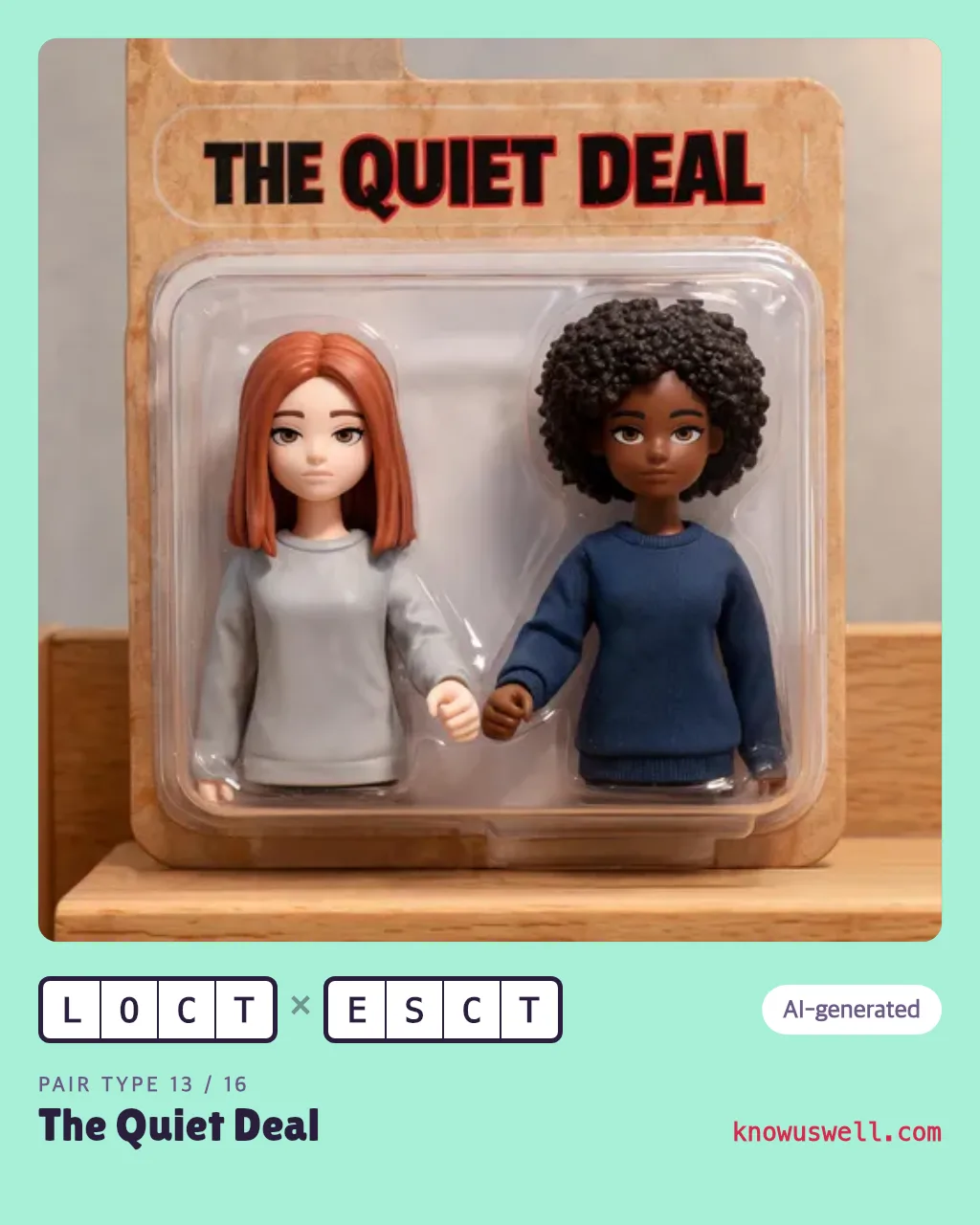 Example finished The Quiet Deal card — both friends in the picture, with both four-letter codes and the pair type name printed underneath