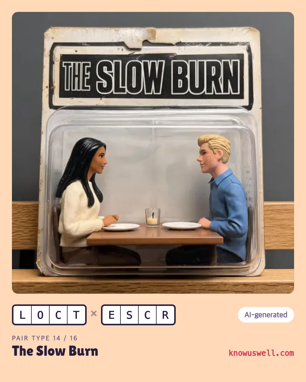 Example finished The Slow Burn card — both friends in the picture, with both four-letter codes and the pair type name printed underneath