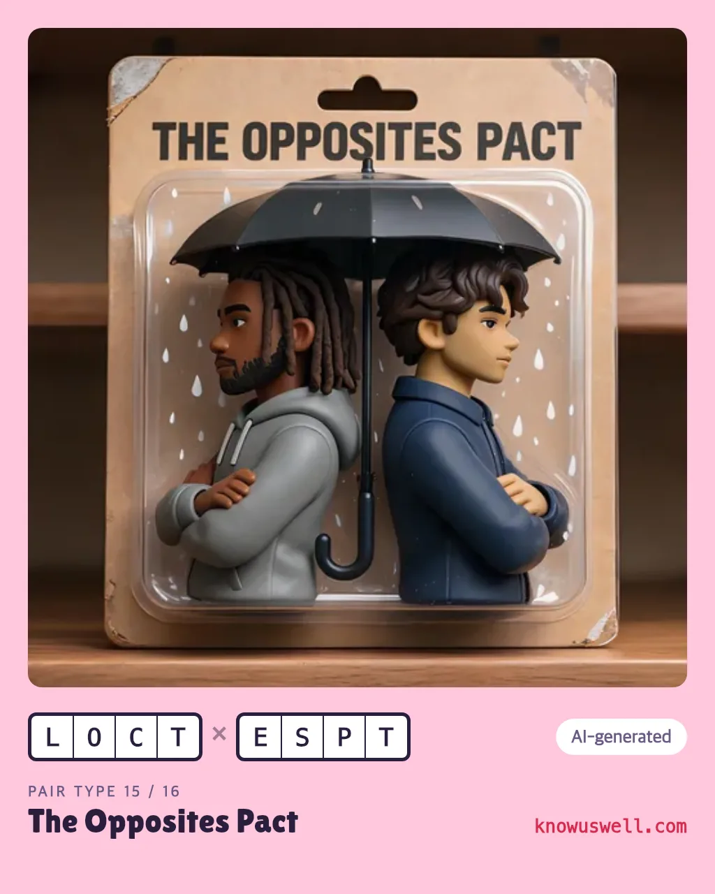 Example finished The Opposites Pact card — both friends in the picture, with both four-letter codes and the pair type name printed underneath