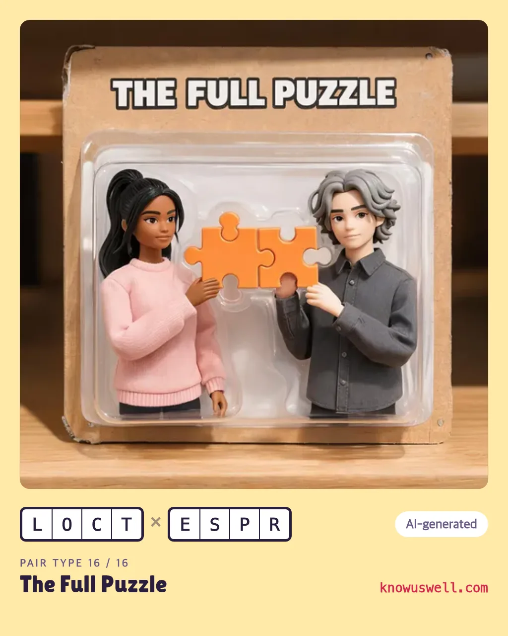 Example finished The Full Puzzle card — both friends in the picture, with both four-letter codes and the pair type name printed underneath